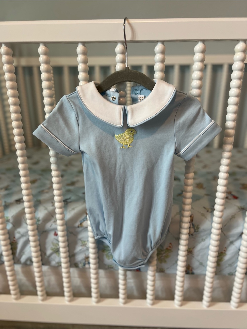 Baby Blue Short-Sleeve Chick One-Piece with White Peter Pan Collar